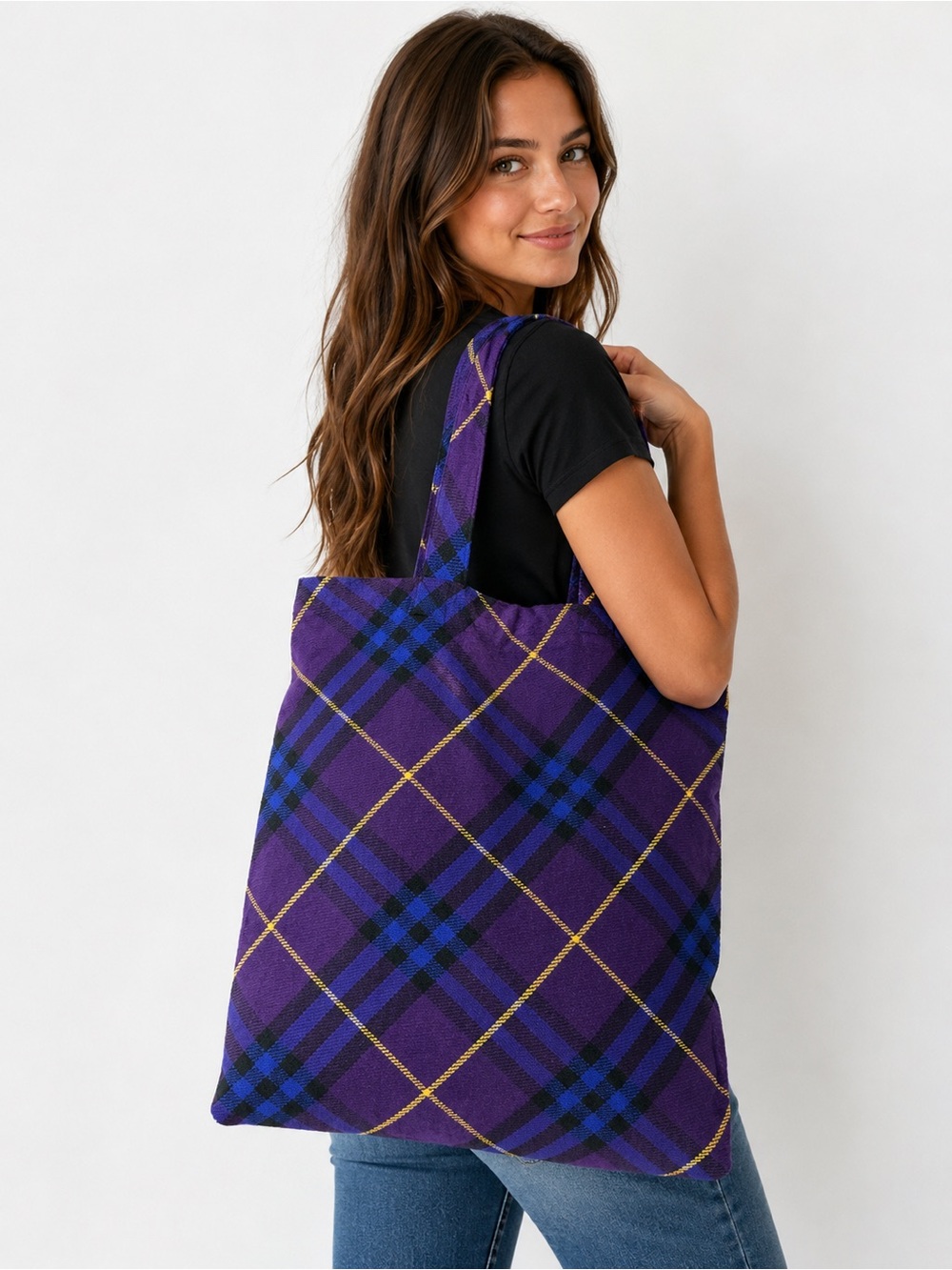 Burberry Purple Plaid Tote with Blue and Gold Trim